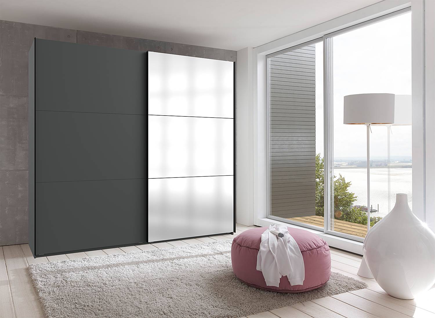 home24 Schwebetürenschrank Level36 236 cm Typ B 250cm Grau/Graphit mit Spiegeltür/-en von home24