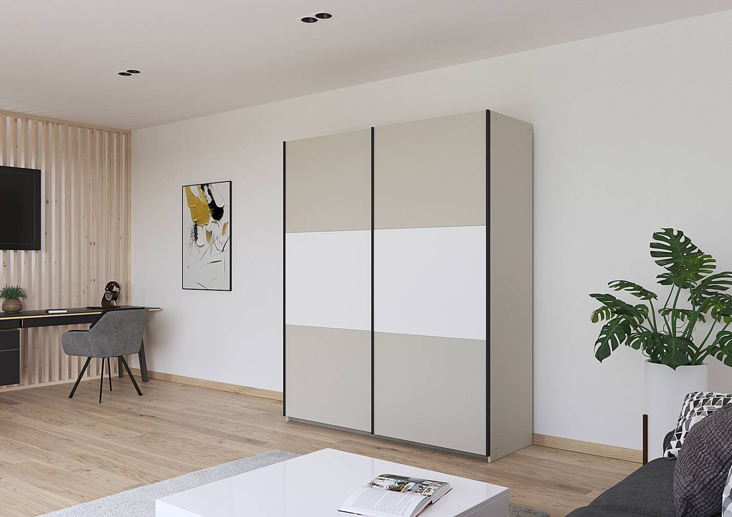 home24 Schwebetürenschrank Neo 175cm Beige/Champagner/Alpinweiß von home24