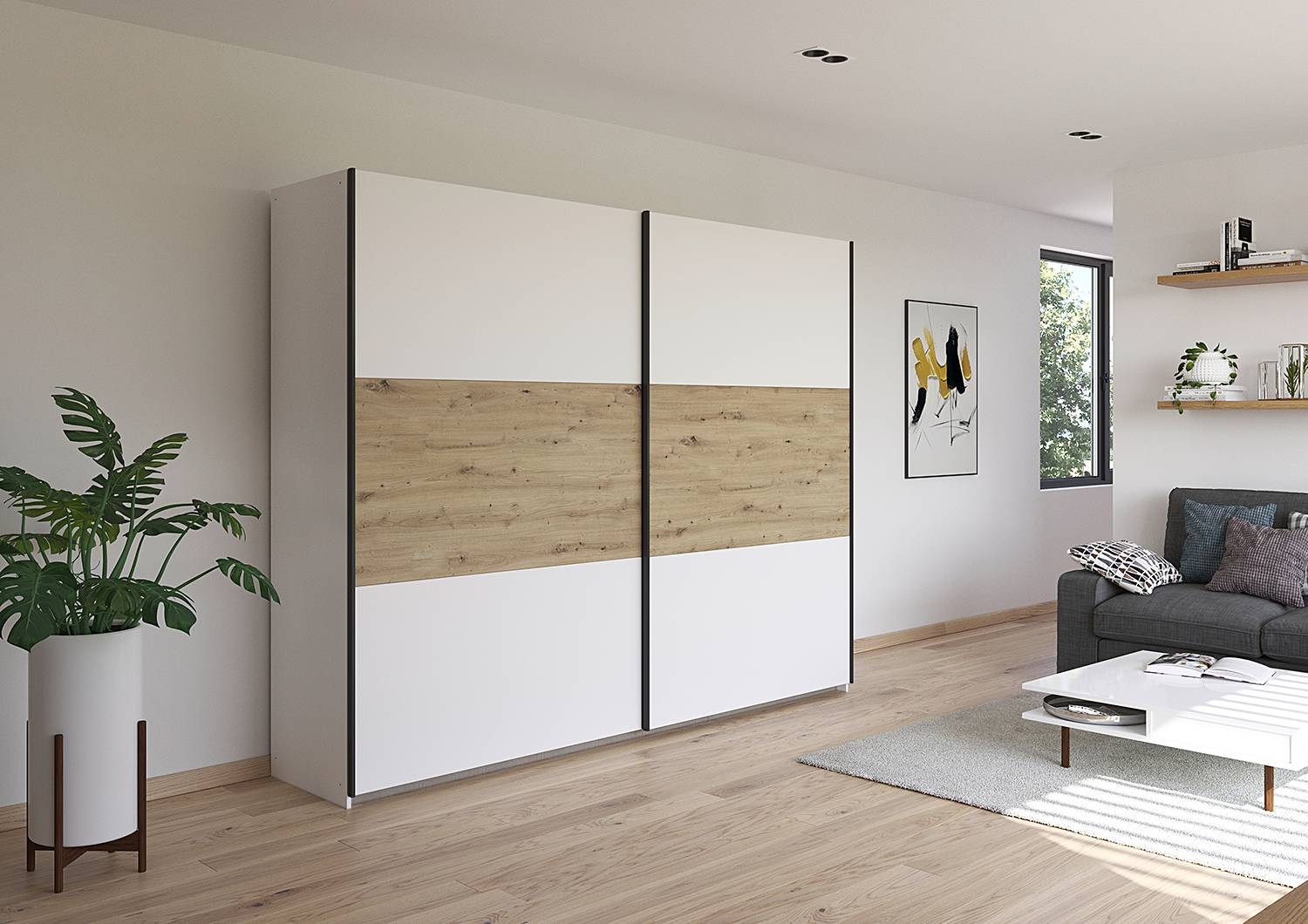 home24 Schwebetürenschrank Neo 261cm Weiß/Alpinweiß/Eiche Artisan Dekor von home24