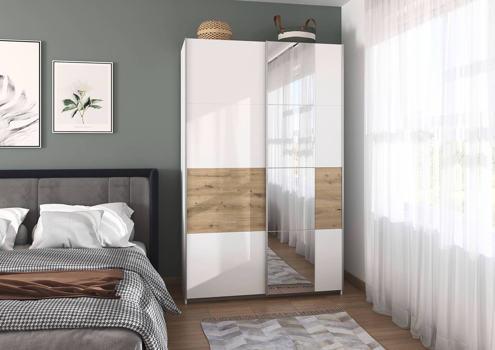 home24 Schwebetürenschrank Oxford Extra 131cm Weiß/Alpinweiß/Eiche Artisan Dekor mit Spiegeltür/-en von home24