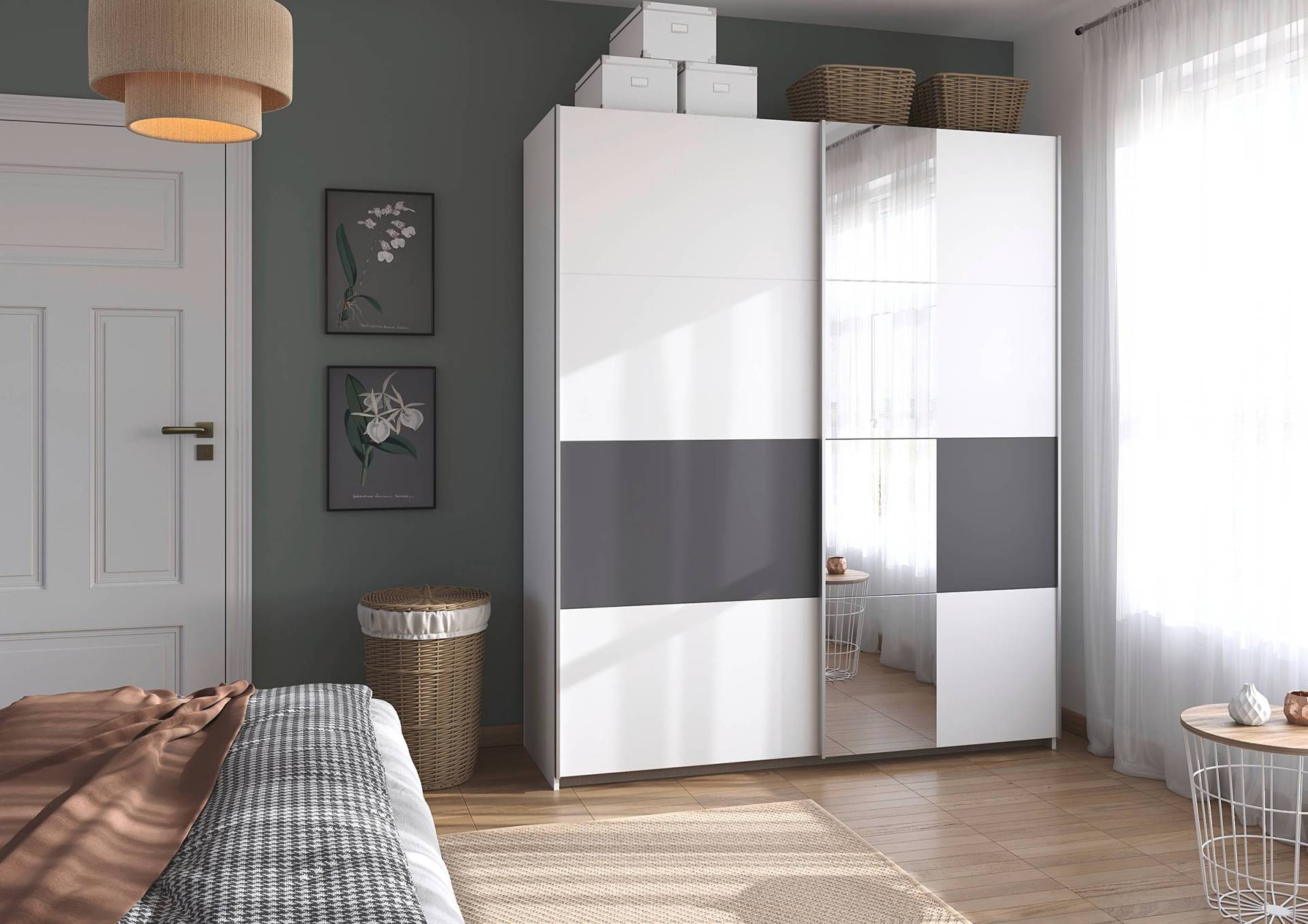 home24 Schwebetürenschrank Oxford Extra 175cm Weiß/Alpinweiß/Graumetallic mit Spiegeltür/-en von home24