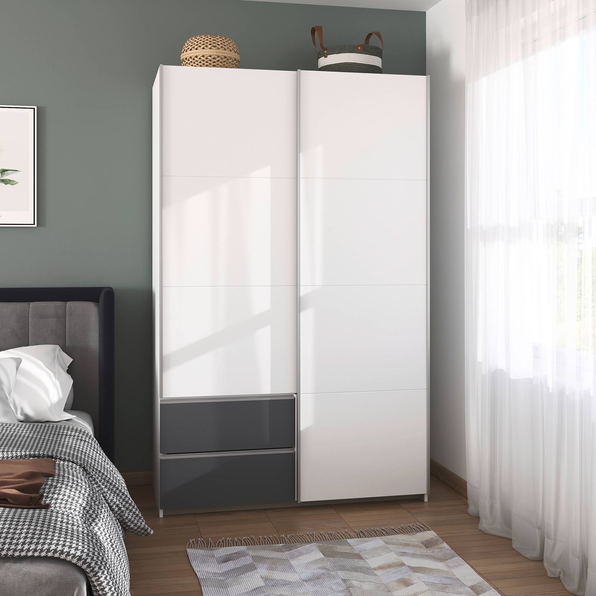 home24 Schwebetürenschrank Stoke Extra 131cm Weiß/Alpinweiß/Graumetallic ohne Spiegeltür/-en von home24