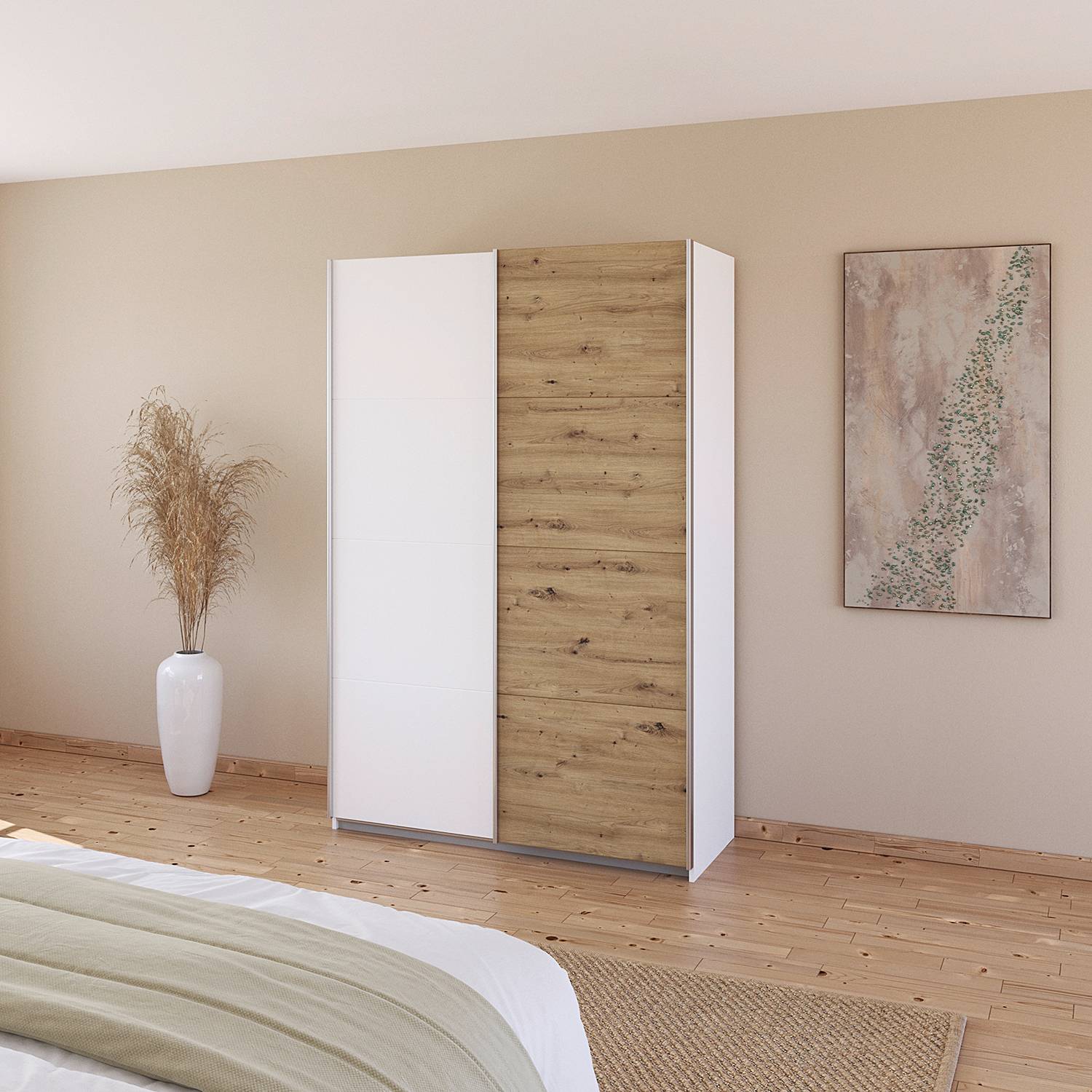home24 Schwebetürenschrank - Zweifarbig 136cm Weiß/Alpinweiß von home24