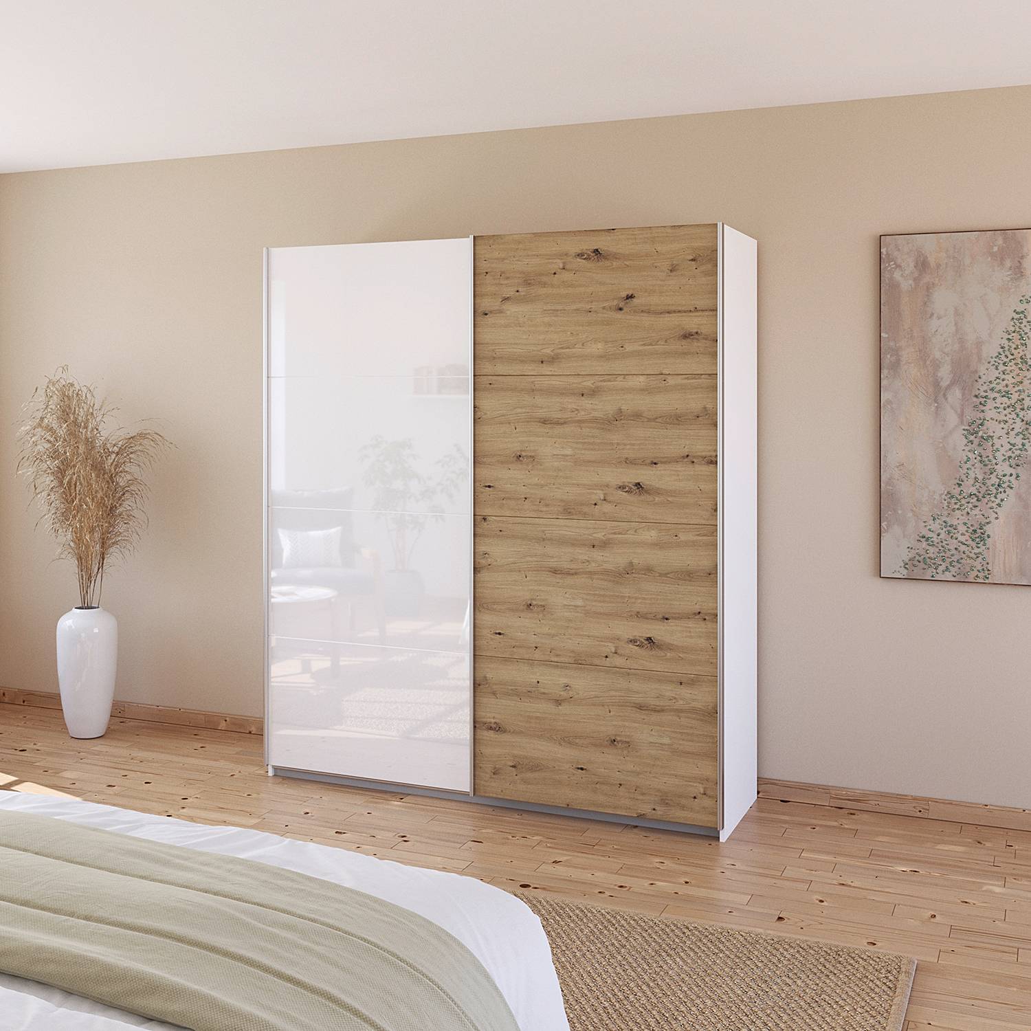 home24 Schwebetürenschrank - Zweifarbig 181cm Weiß/Hochglanz Weiß/Alpinweiß von home24