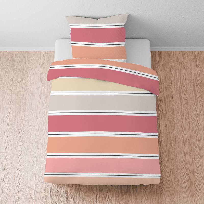 home24 Seersucker-Bettwäsche Querbalken 155 x 200 cm + Kissen 80 x 80 cm Multicolor/Koralle von home24