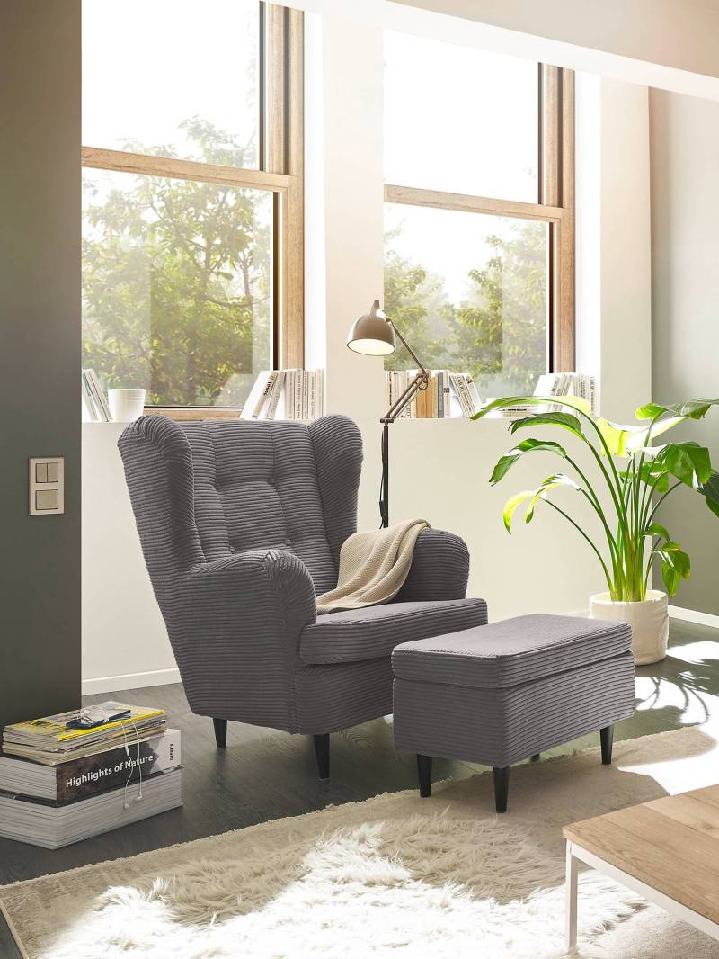home24 Sessel Marson Grau Cordstoff Zuri mit Hocker 78 x 102 x 98cm von home24