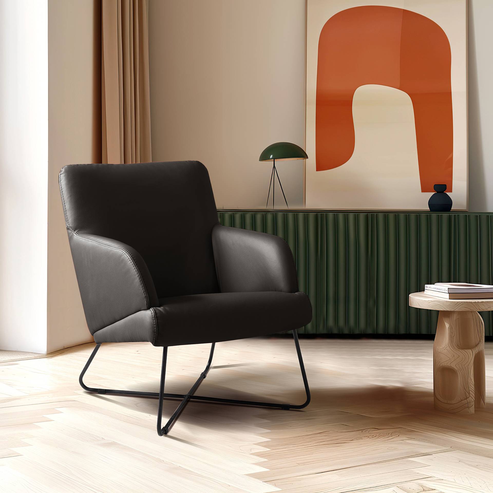home24 Sessel Sowden Braun Echtleder Mabel mit Hocker 67 x 87 x 74cm von home24