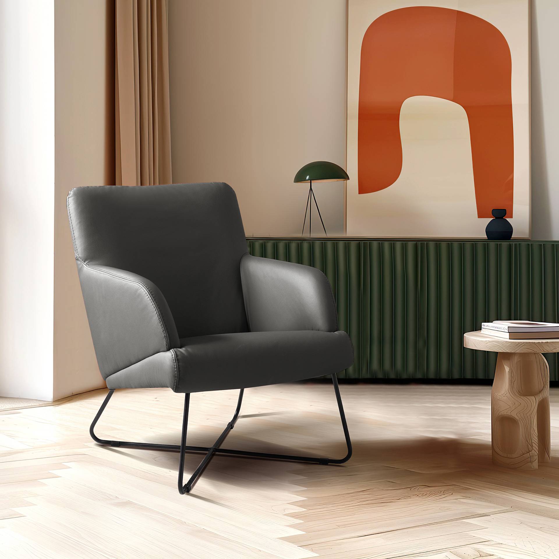 home24 Sessel Sowden Grau Echtleder Mabel mit Hocker 67 x 87 x 74cm von home24