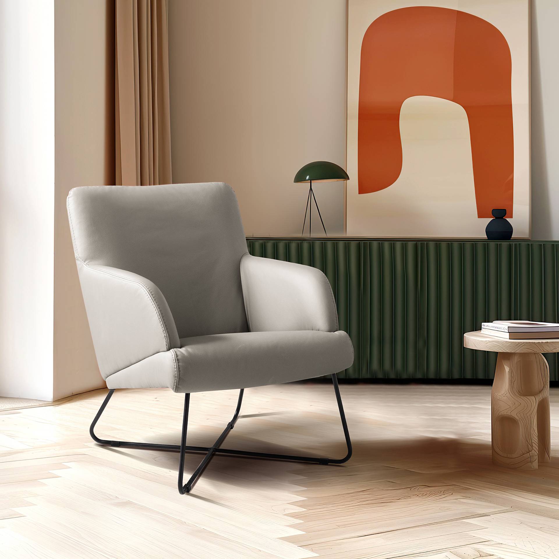 home24 Sessel Sowden Grau Echtleder Mabel mit Hocker 67 x 87 x 74cm von home24