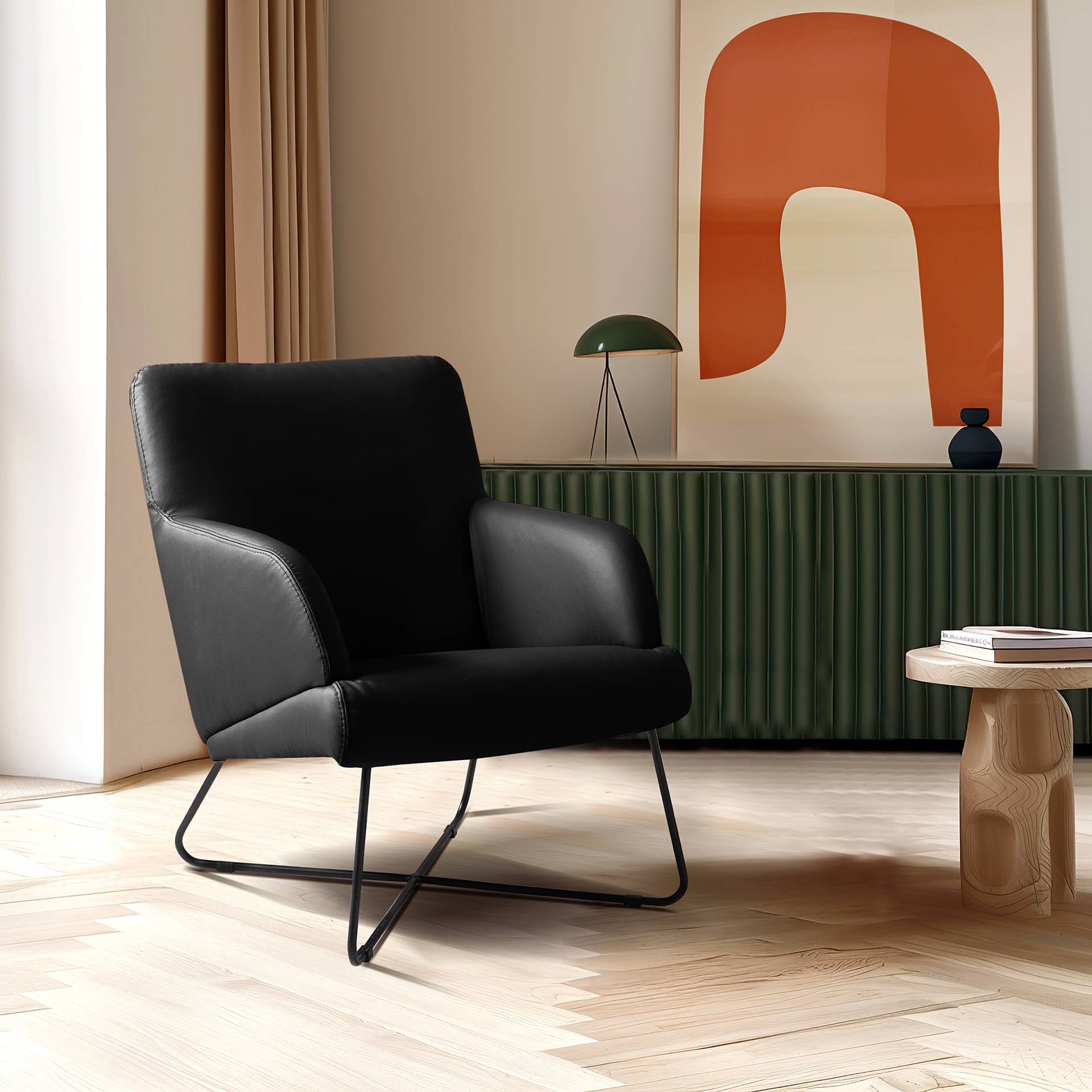 home24 Sessel Sowden Schwarz Echtleder Mabel mit Hocker 67 x 87 x 74cm von home24