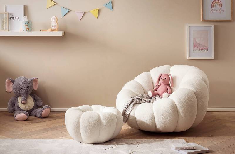 home24 Sessel Hocker Avenisi Weiß Teddystoff 97 x 65 x 95cm von home24