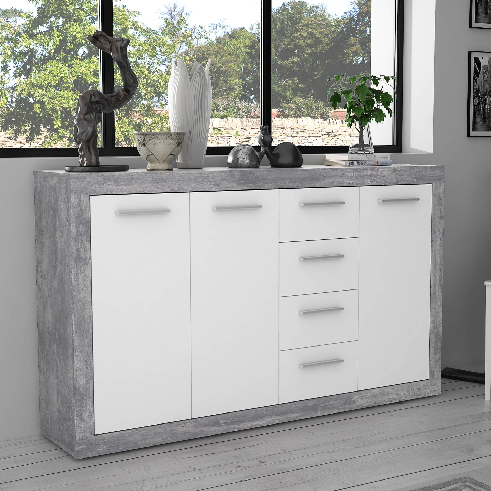 home24 Sideboard 152 x 90 x 34cm Grau/Weiß/Beton Dekor von home24