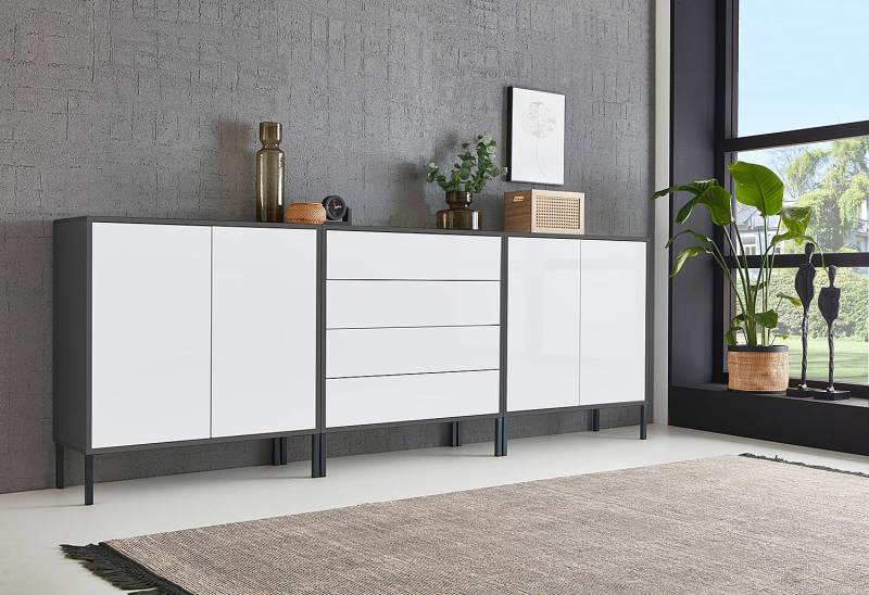home24 Sideboard 237 cm - Metallfüße Typ B 237 x 88 x 33cm Weiß/Hochglanz Weiß/Anthrazit von home24