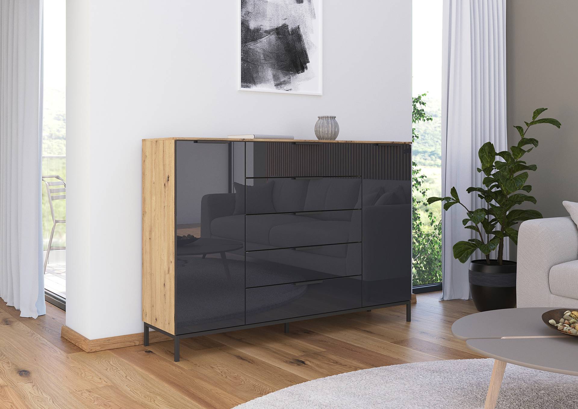 home24 Sideboard Glas mit Gestell 111 cm 160cm Holz/Braun/Eiche Artisan Dekor/Grau home24 Sideboard Glas mit Gestell 111 cm 160cm Holz/Braun/Eiche Artisan Dekor/Grau von home24