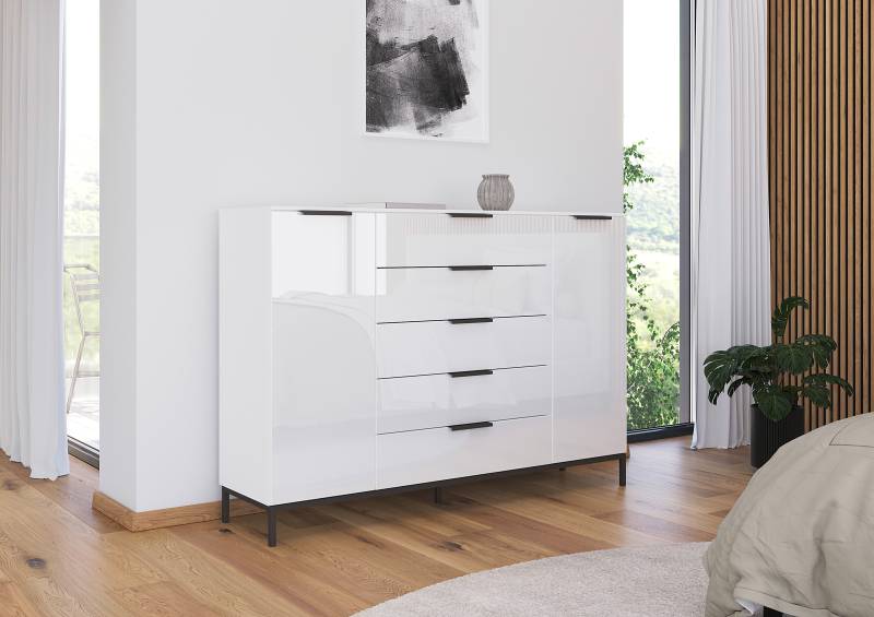 home24 Sideboard Glas mit Gestell 111 cm 160cm Weiß/Alpinweiß/Grau von home24