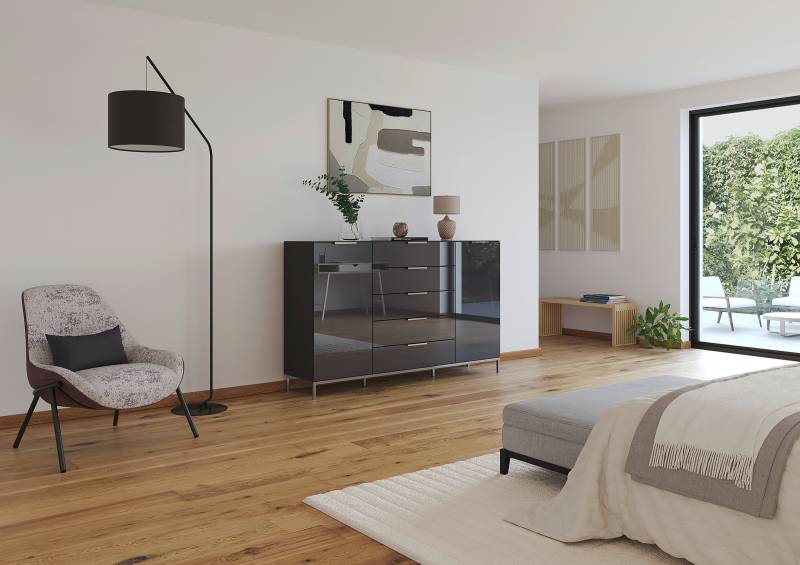 home24 Sideboard Glas mit Gestell 111 cm 180cm Schwarz/Grau/Chrom von home24