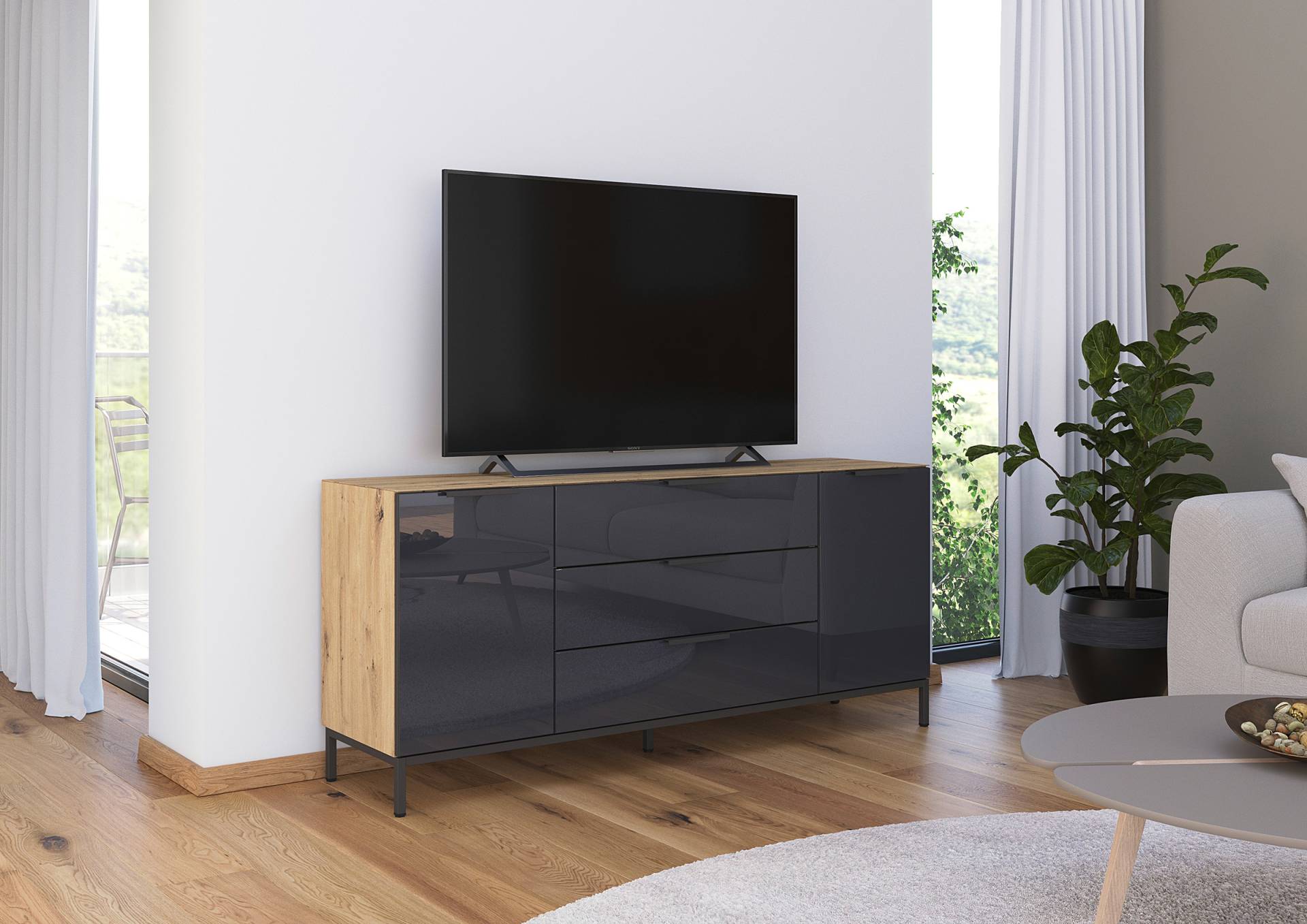 home24 Sideboard Glas mit Gestell 72 cm 160cm Holz/Braun/Eiche Artisan Dekor/Anthrazit home24 Sideboard Glas mit Gestell 72 cm 160cm Holz/Braun/Eiche Artisan Dekor/Anthrazit von home24