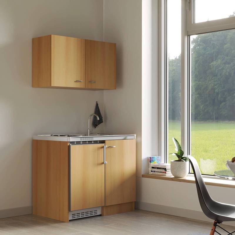 home24 Single-Küchenzeile Kühlschrank 100 x 200 x 60cm Braun/Buche Dekor von home24