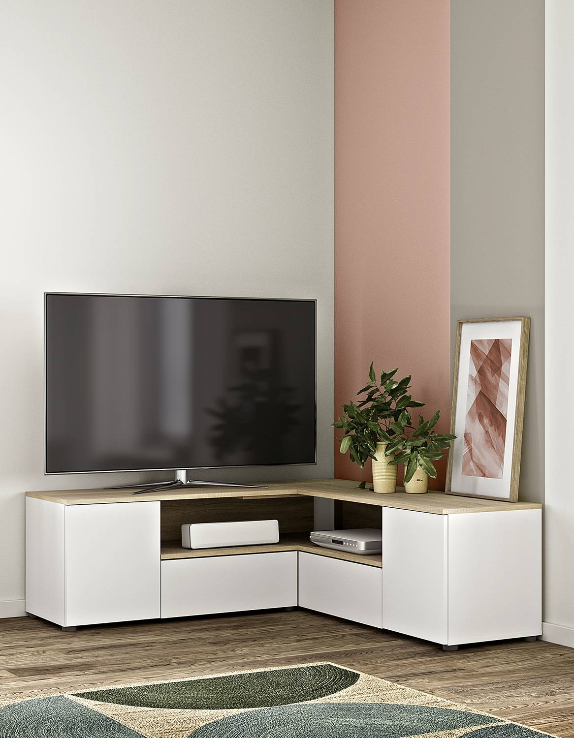 home24 TV-Lowboard Angle 130 Spanplatte, beschichtet Weiß/Weiß/Eiche Dekor 130 x 40 x 46cm home24 TV-Lowboard Angle 130 Spanplatte, beschichtet Weiß/Weiß/Eiche Dekor 130 x 40 x 46cm von home24
