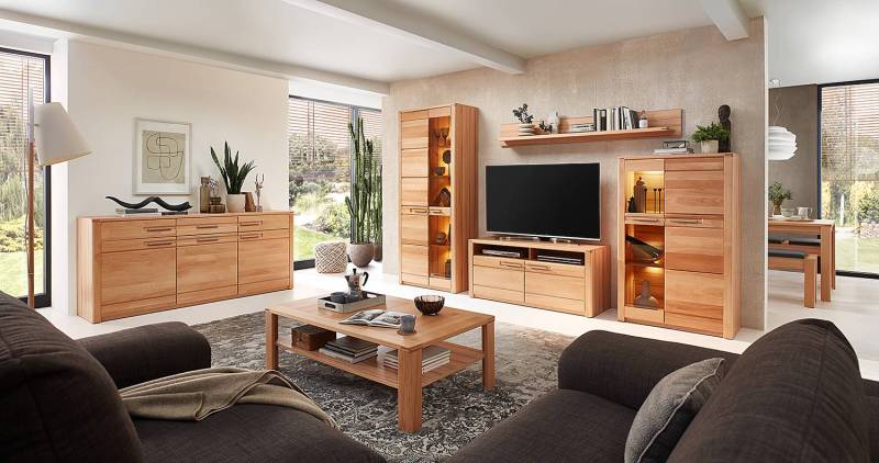 home24 TV-Lowboard Front: Massivholz Kernbuche, lackiert Korpus: Spanplatte, beschichtet Braun 131cm von home24