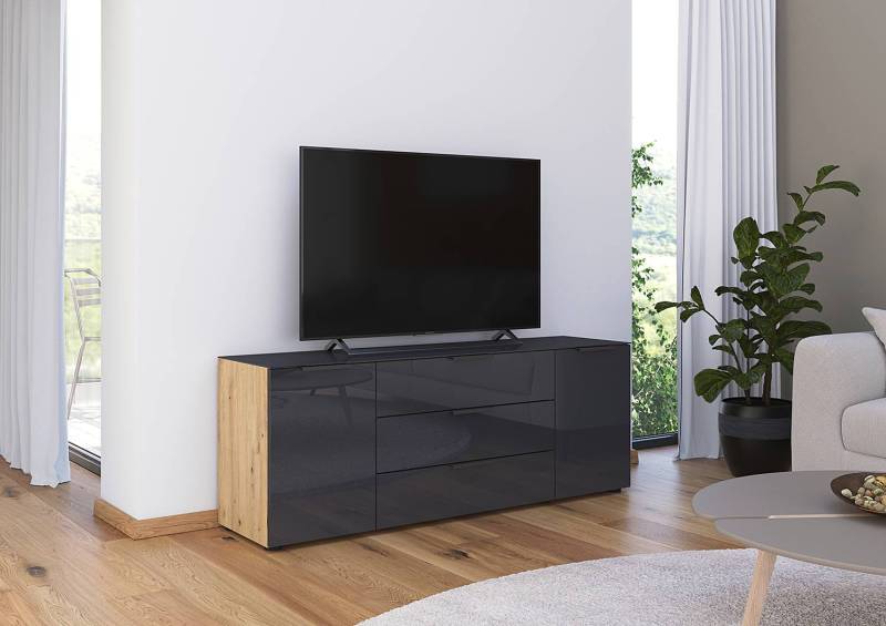 home24 TV-Lowboard Glas Typ B Front & Deckplatte: Glas Korpus: MDF Mitteldichte Holzfaserplatte , lackiert Braun/Graphit/Eiche Artisan Dekor 160cm von home24