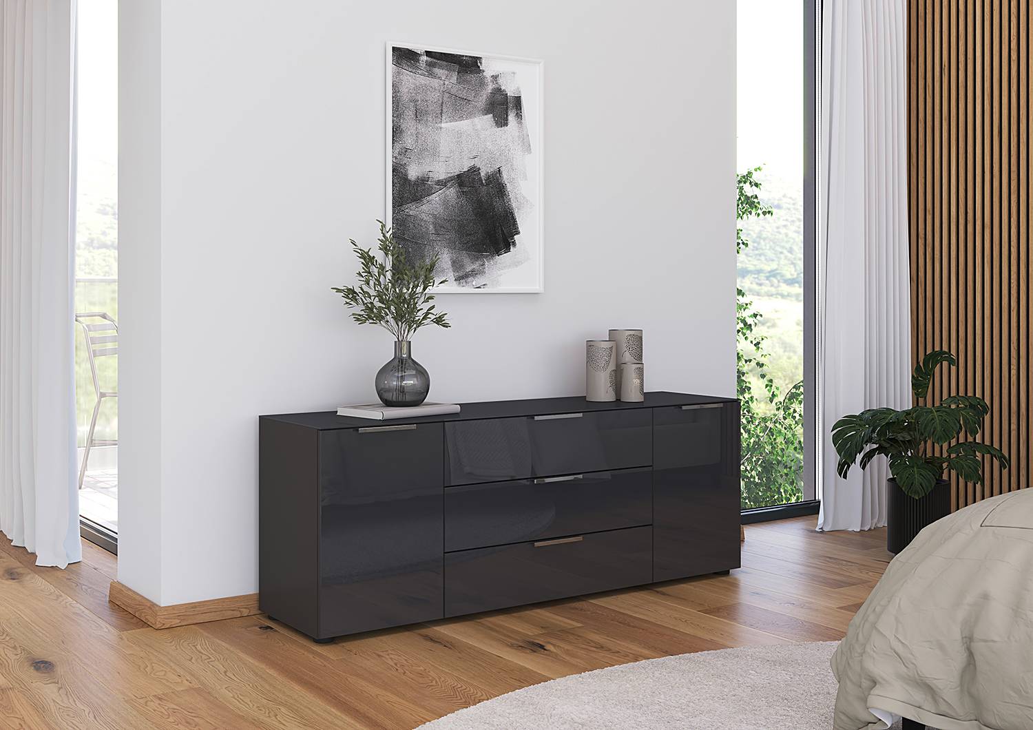 home24 TV-Lowboard Glas Typ B Front & Deckplatte: Glas Korpus: MDF Mitteldichte Holzfaserplatte , lackiert Grau/Grau/Silber 160cm von home24