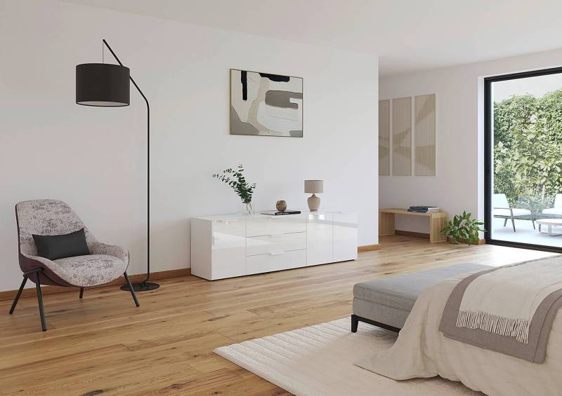home24 TV-Lowboard Glas Typ B Front & Deckplatte: Glas Korpus: MDF Mitteldichte Holzfaserplatte , lackiert Weiß/Weiß 200cm von home24