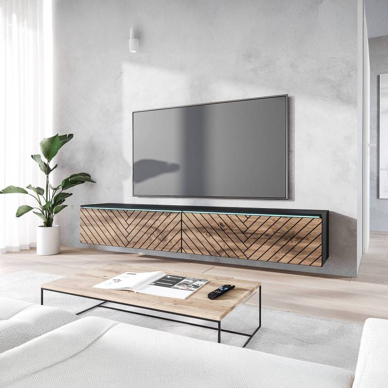 home24 TV-Lowboard Minnas - 180 cm Fischgrät Front: MDF Mitteldichte Holzfaserplatte , beschichtet Korpus: Spanplatte, beschichtet Schwarz/Wotaneiche von home24