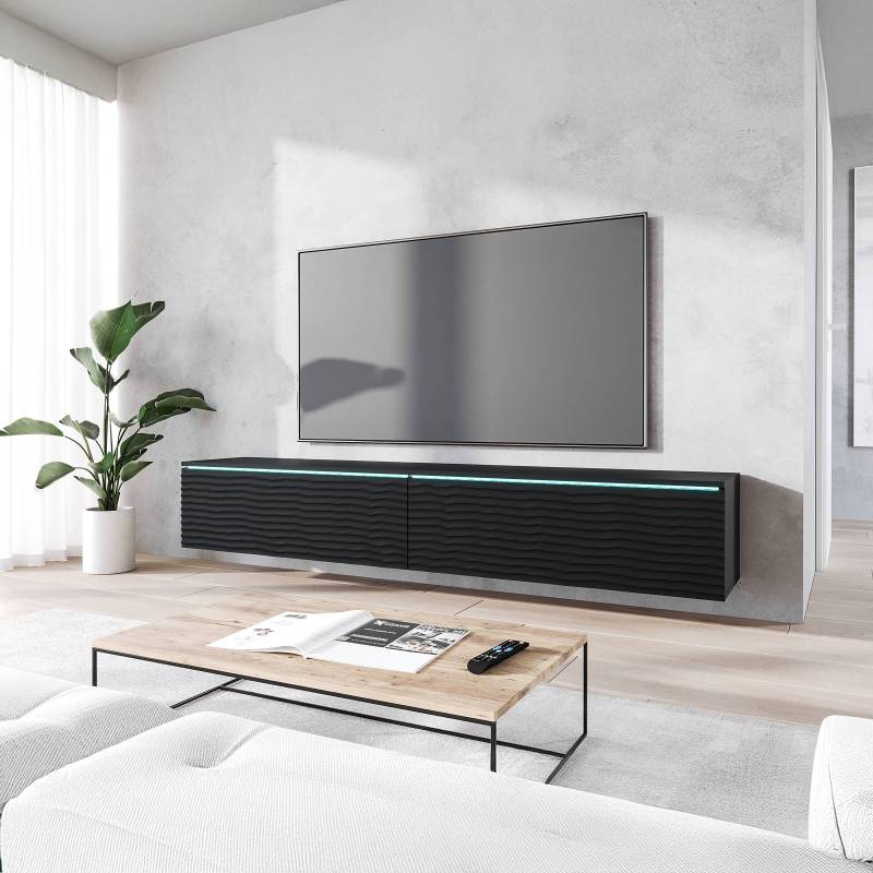 home24 TV-Lowboard Minnas - 180 cm Wellen Front: MDF Mitteldichte Holzfaserplatte , beschichtet Korpus: Spanplatte, beschichtet Schwarz/Schwarz 180 x von home24