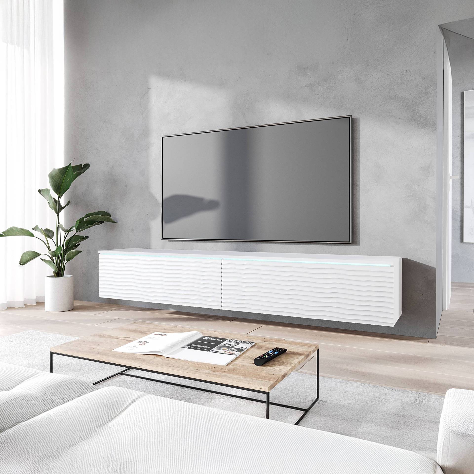 home24 TV-Lowboard Minnas - 180 cm Wellen Front: MDF Mitteldichte Holzfaserplatte , beschichtet Korpus: Spanplatte, beschichtet Weiß/Weiß 180 x 30 x home24 TV-Lowboard Minnas - 180 cm Wellen Front: MDF Mitteldichte Holzfaserplatte , beschichtet Korpus: Spanplatte, beschichtet Weiß/Weiß 180 x 30 x von home24
