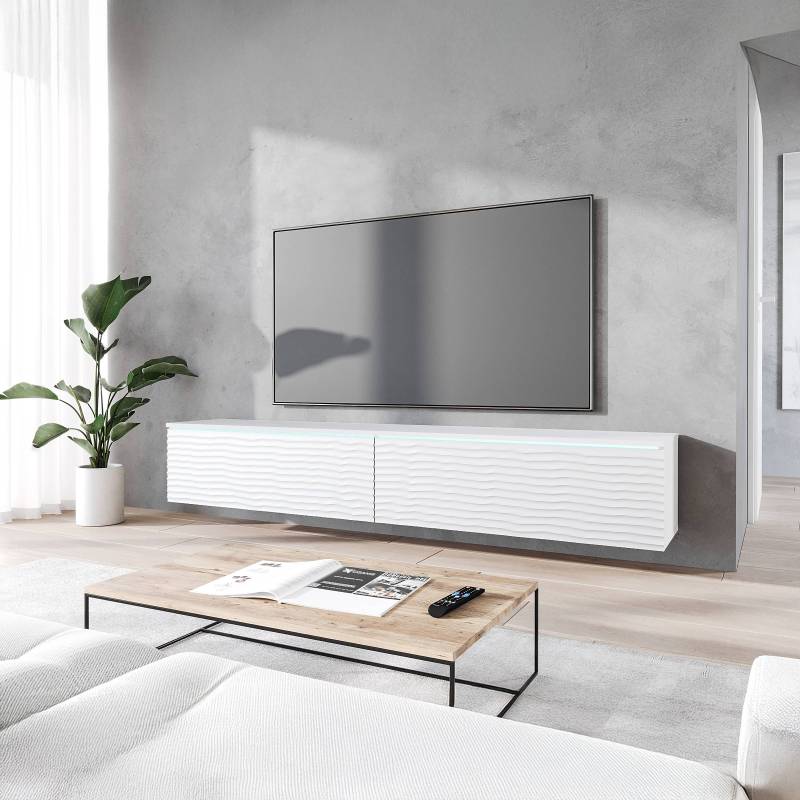 home24 TV-Lowboard Minnas - 180 cm Wellen Front: MDF Mitteldichte Holzfaserplatte , beschichtet Korpus: Spanplatte, beschichtet Weiß/Weiß 180 x 30 x von home24