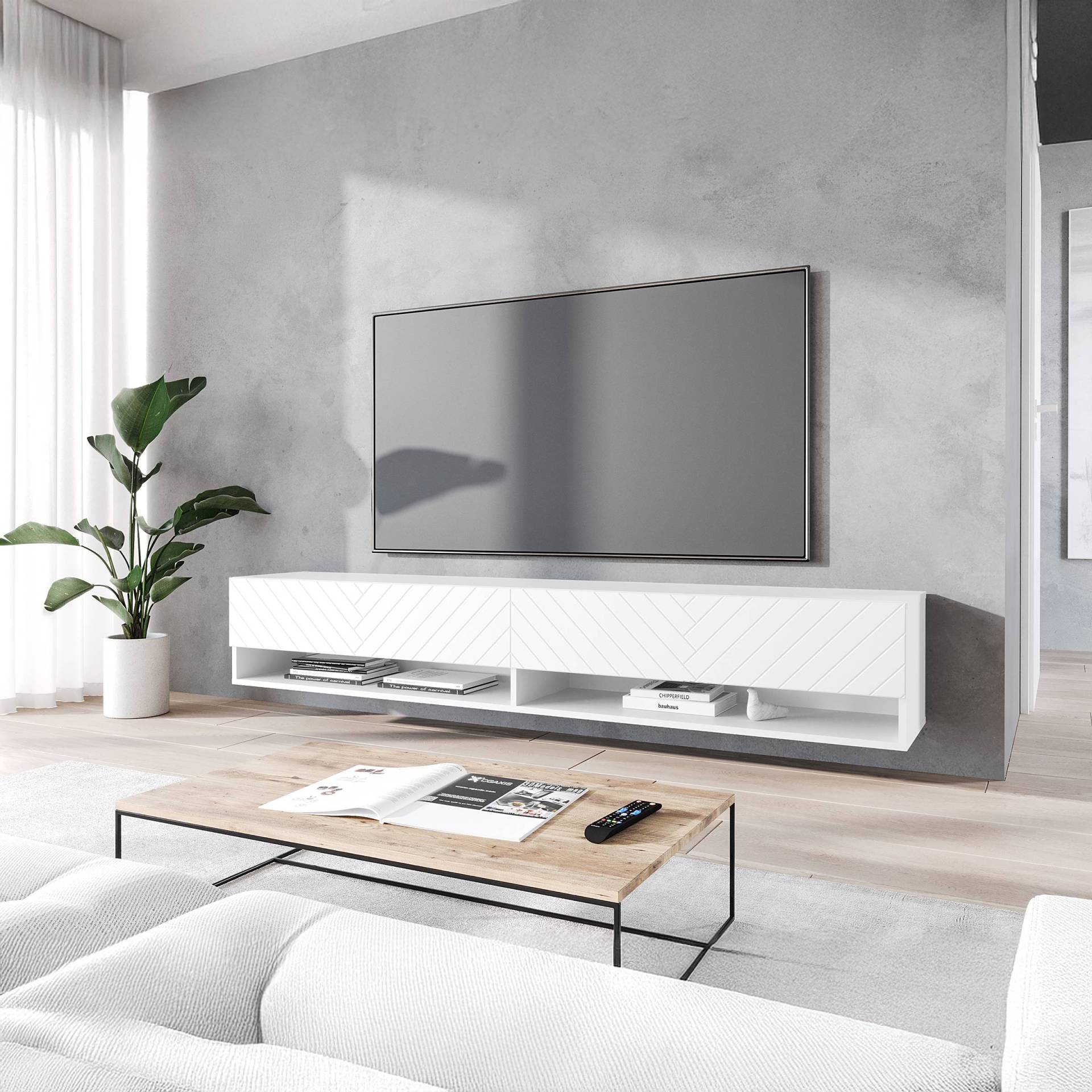 home24 TV-Lowboard Mizzau - 180 cm Fischgrät Front: MDF Mitteldichte Holzfaserplatte , beschichtet Korpus: Spanplatte, beschichtet Weiß/Weiß 180 x 30 home24 TV-Lowboard Mizzau - 180 cm Fischgrät Front: MDF Mitteldichte Holzfaserplatte , beschichtet Korpus: Spanplatte, beschichtet Weiß/Weiß 180 x 30 von home24