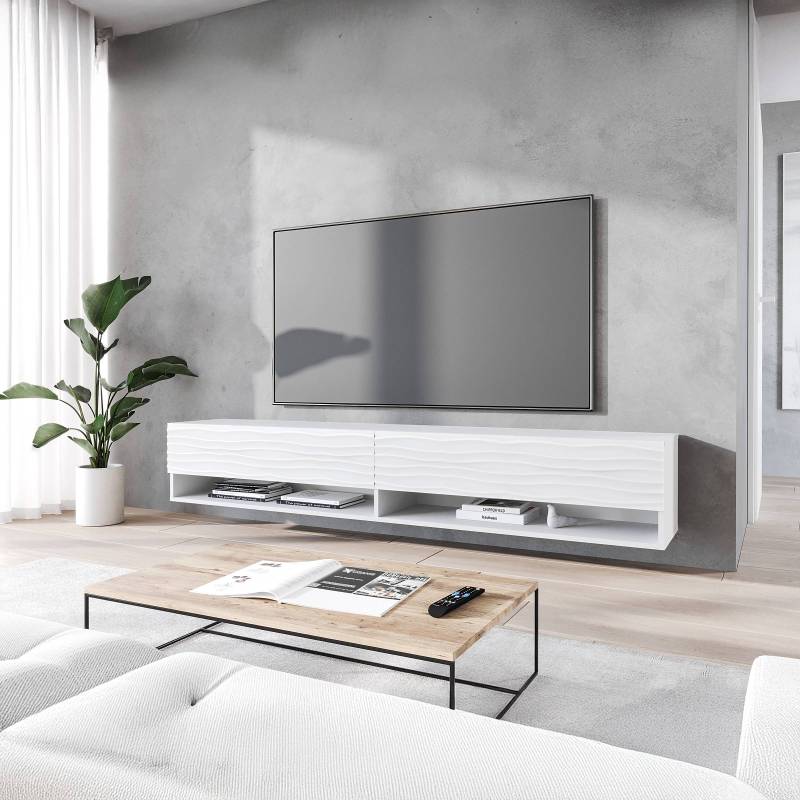 home24 TV-Lowboard Mizzau - 180 cm Wellen Front: MDF Mitteldichte Holzfaserplatte , beschichtet Korpus: Spanplatte, beschichtet Weiß/Weiß 180 x 30 x von home24
