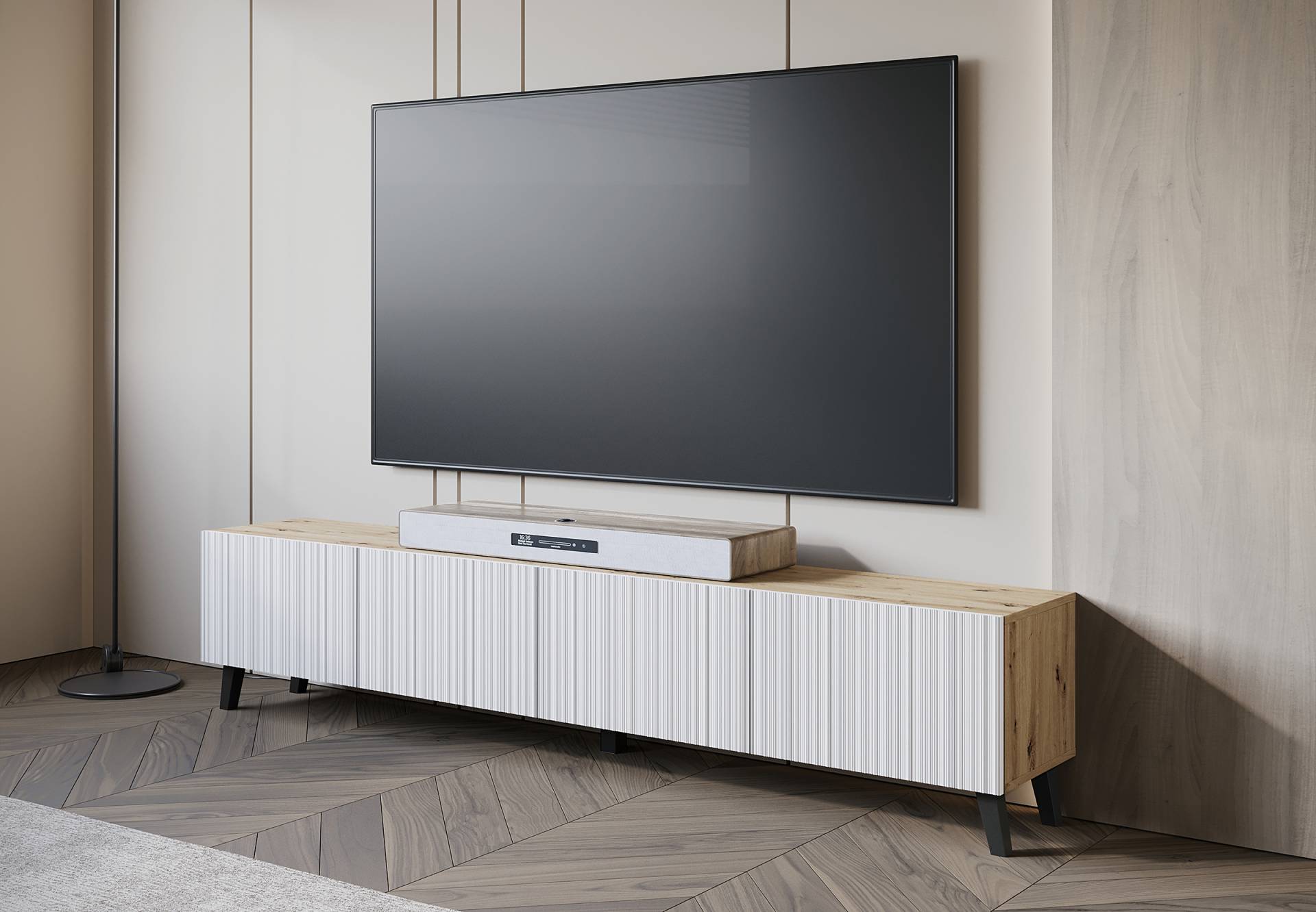 home24 TV-Lowboard Orrock Spanplatte, beschichtet Weiß/Wotaneiche Dekor 190 x 40 x 32cm home24 TV-Lowboard Orrock Spanplatte, beschichtet Weiß/Wotaneiche Dekor 190 x 40 x 32cm von home24