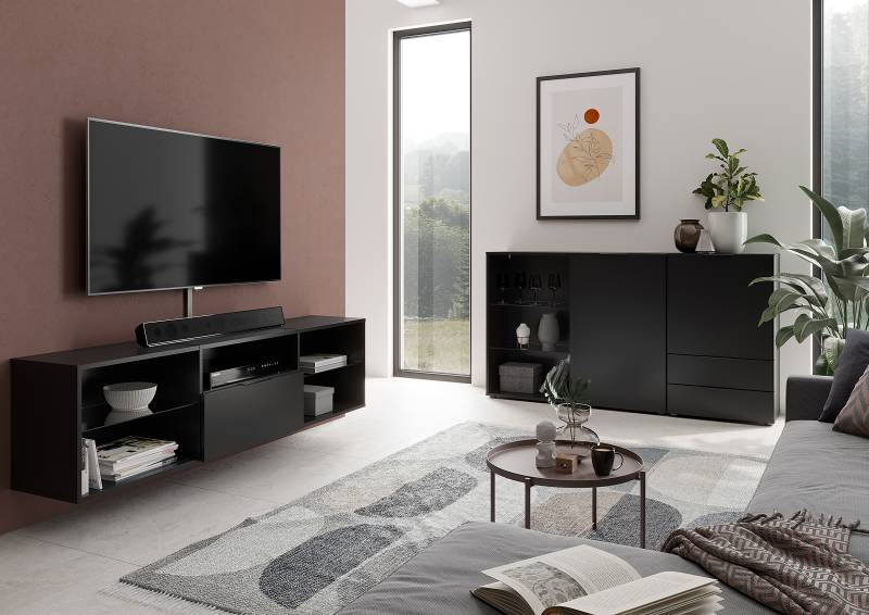 home24 TV-Lowboard Predonia Spanplatte, beschichtet Schwarz 154 x 52 x 32cm von home24