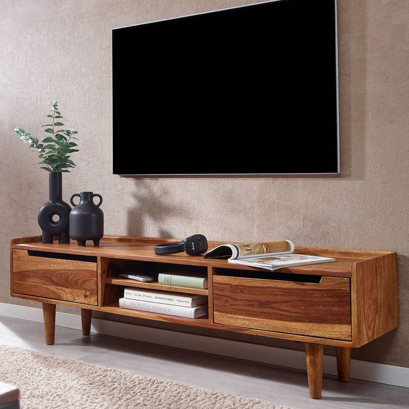 home24 TV-Lowboard Soldini Breite 145 cm Korpus: Sheesham Massiv, lackiert Rückwand: MDF Mitteldichte Holzfaserplatte Braun 145 x 43 x 35cm von home24