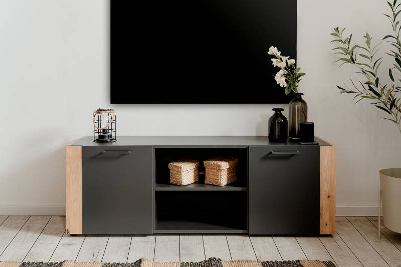 home24 TV-Lowboard Spanplatte, beschichtet Schwarz/Braun 48 x 138 x 35cm von home24