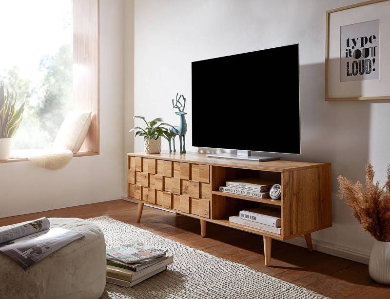 home24 TV-Lowboard Timbues Korpus: Spanplatte, foliert Beine: Eiche Massiv Braun 160 x 51 x 40cm von home24