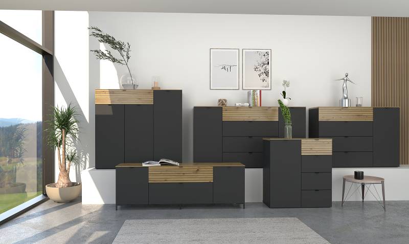 home24 TV-Lowboard mit Absetzung MDF Mitteldichte Holzfaserplatte , foliert Grau/Graphit 181 x 54 x 41cm von home24