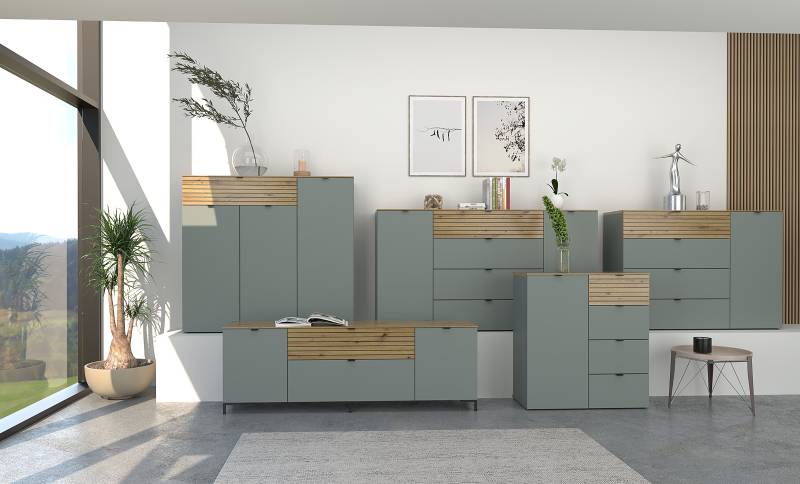 home24 TV-Lowboard mit Absetzung MDF Mitteldichte Holzfaserplatte , foliert Grün/Mintgrau 181 x 54 x 41cm von home24