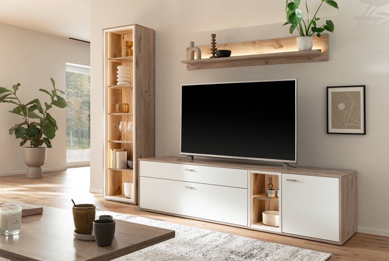 home24 TV-Lowboard mit Fächern Spanplatte, beschichtet Weiß 199 x 53 x 50cm von home24