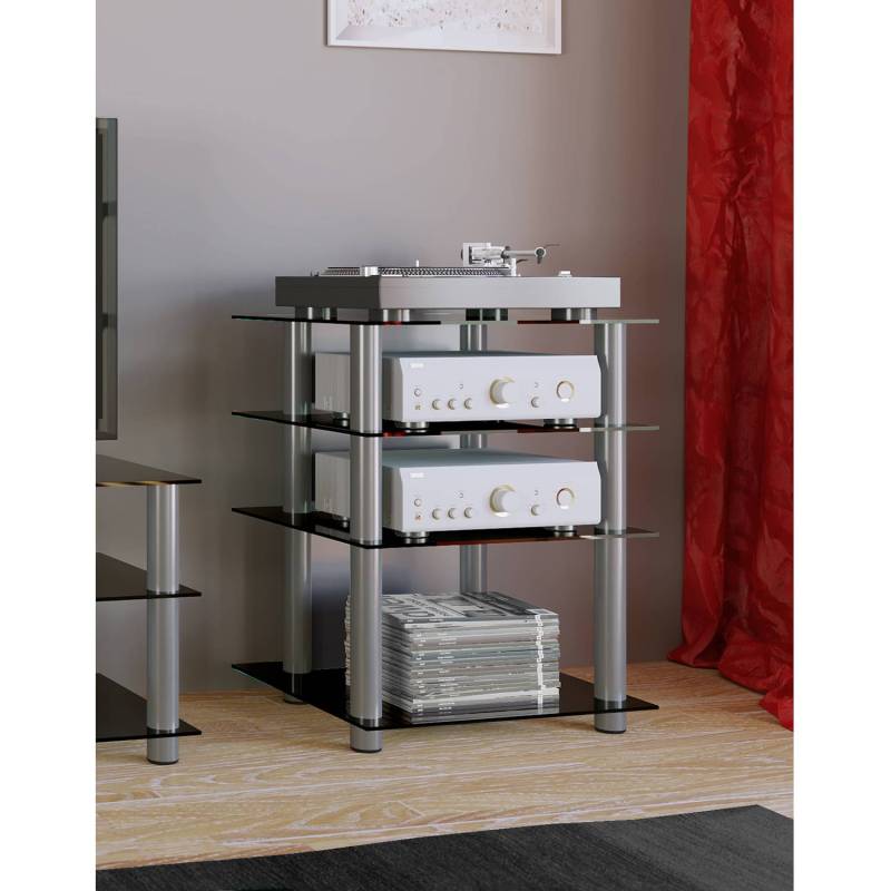 home24 TV-Rack Bilus Ablageplatten: Sicherheitsglas Gestell: Aluminium Silber/Glas Schwarz 59 x 70 x 48cm von home24
