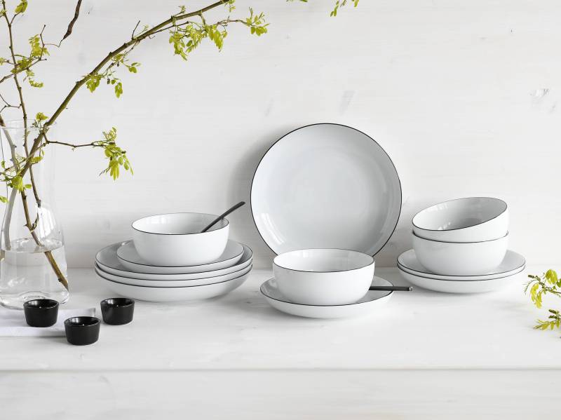 home24 Tellerset Allround Black Line 12-teilig 31 x 30 x 30cm Weiß/Weiß von home24