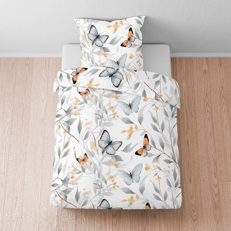 home24 Tencel-Bettwäsche Schmetterlinge 155 x 200 cm + Kissen 80 x 80 cm Weiß/Weiß von home24