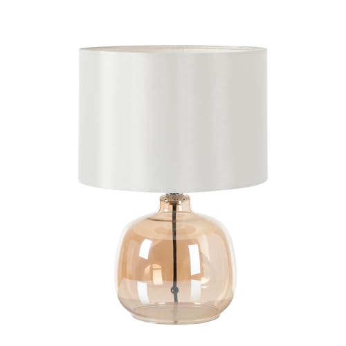 home24 Tischlampe mit Kabel E27 | Runde Tischleuchte aus Glas mit Lampenschirm aus Baumwoll-Stoff weiß | Nachttischlampe Schreibtischlampe für LED geeignet | Lampe Leuchte für Wohnzimmer Schlafzimmer von home24