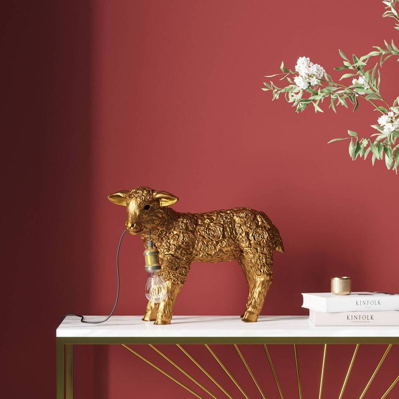 home24 Tischleuchte Animal Flower Sheep 47 x 36 x 17cm Gold/Gold Polyresin lackiert : Figur, Aluminium verkupfert :Leuchtmittelhalterung E27 von home24