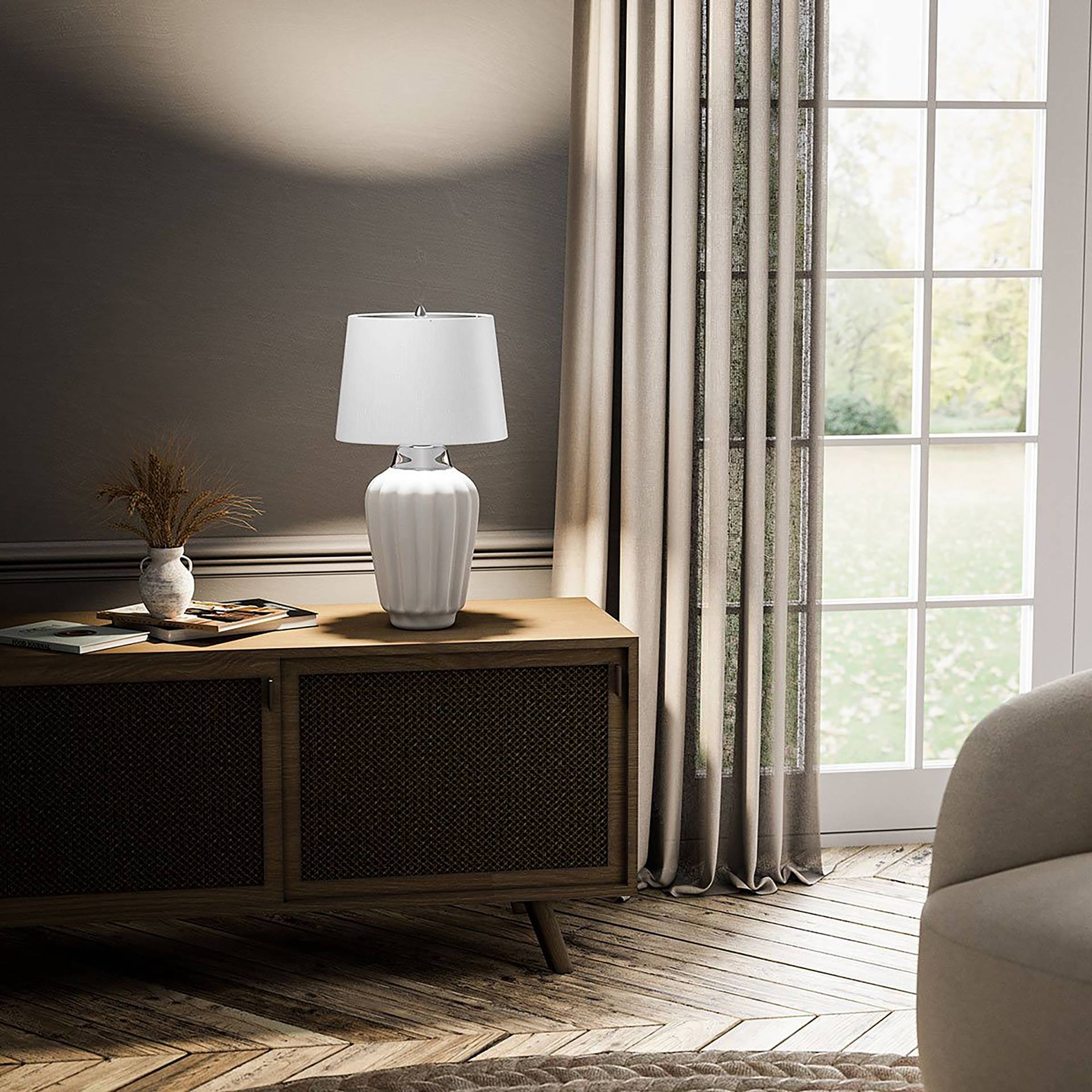 home24 Tischleuchte Bexley 30 x 56 x 30cm Weiß/Weiß/Silber Material: Keramik, Metall Metallart: Stahl Oberfläche Metall: Pulverbeschichtet Glühlampe von home24