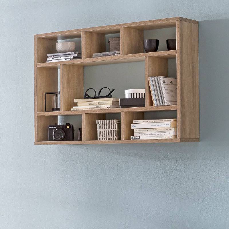 home24 Wandregal Paluzza Spanplatte, melaminbeschichtet Braun/Eiche Sonoma Dekor 75 x 51 x 16cm von home24
