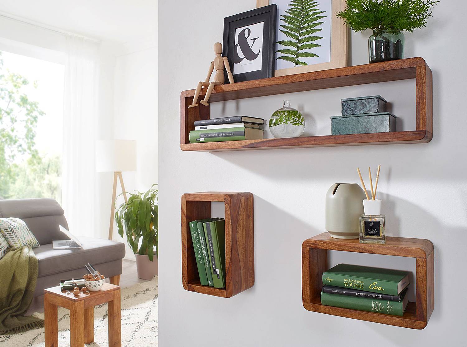 home24 Wandregal Pichl Sheesham Massiv, lackiert Braun 80 x 20 x 15cm von home24