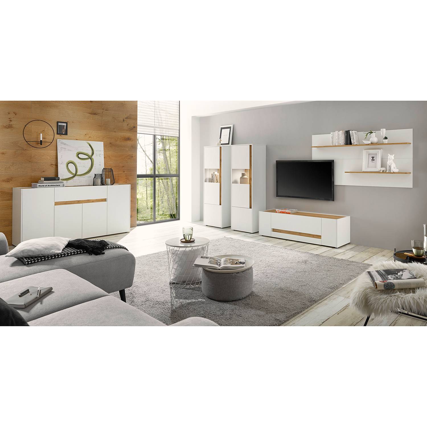 home24 Wandregal Spanplatte, beschichtet Weiß/Weiß/Eiche Dekor 155 x 80 x 20cm home24 Wandregal Spanplatte, beschichtet Weiß/Weiß/Eiche Dekor 155 x 80 x 20cm von home24